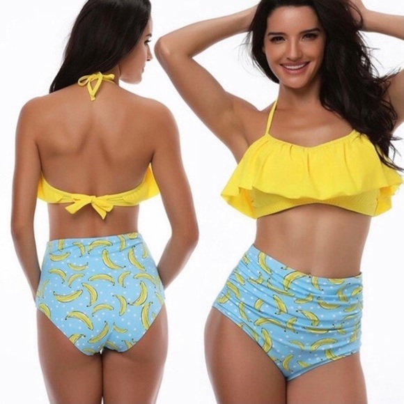 🦋 3/$15 Yellow Ruffles Banana Print High Waisted Bikini - Picture 1 of 6